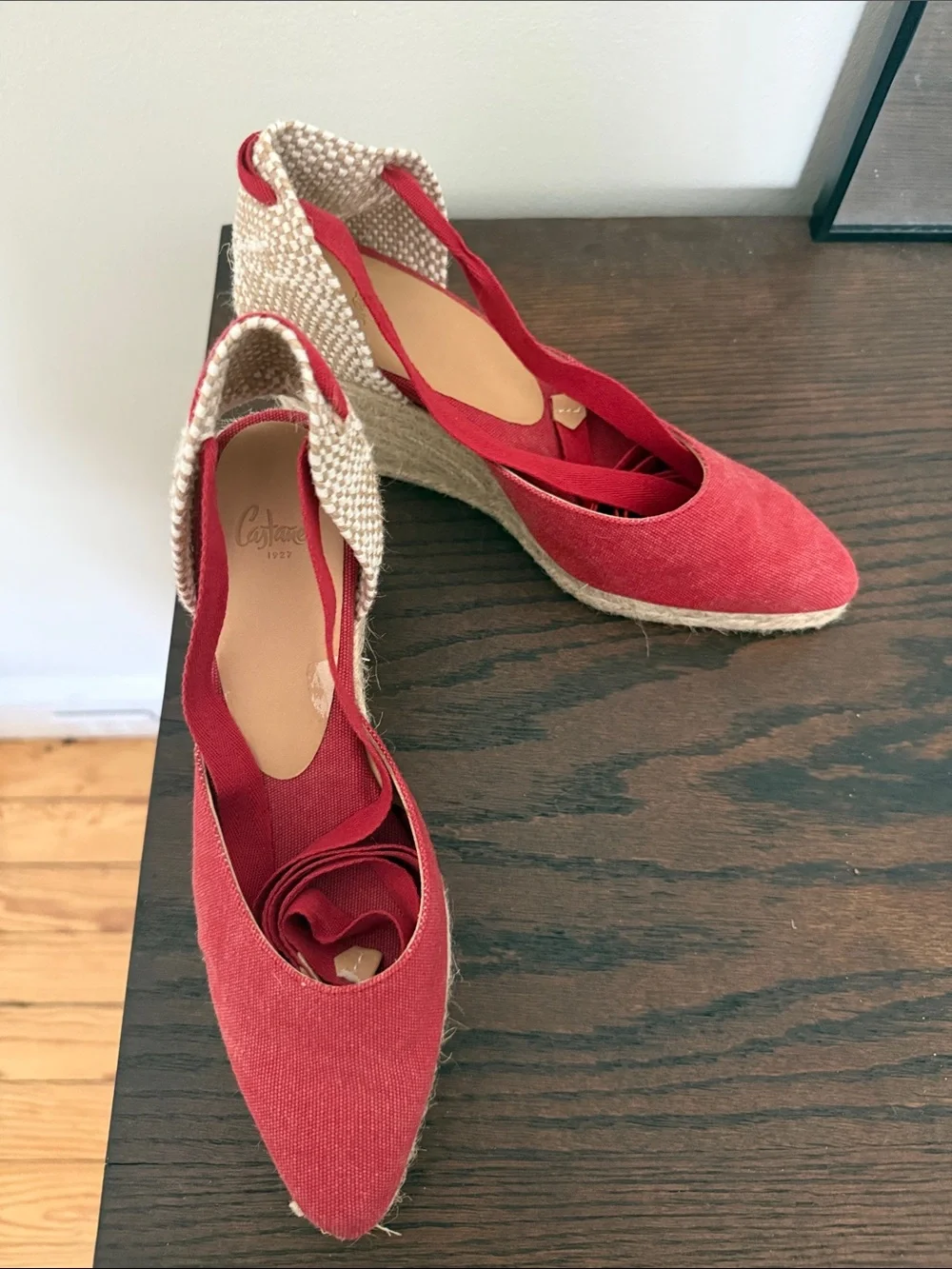 Castaner Red Canvas Espadrille Wedges with Ankle Wraps